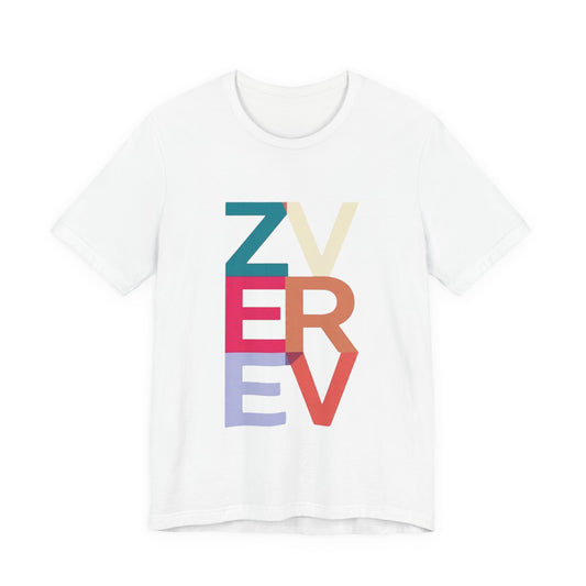 Retro Colorblock 'ZVEREV' Graphic Tee — Modern Minimalist Lettering Shirt