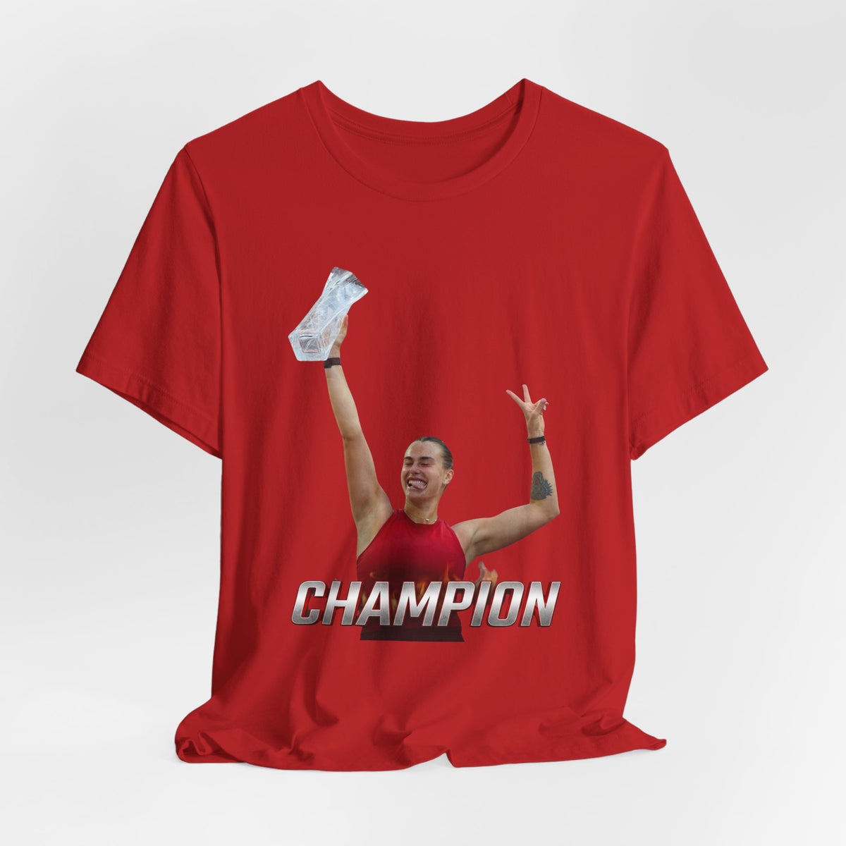 Aryna Sabalenka Champion Victory T-Shirt — Athlete Holding Trophy Tee