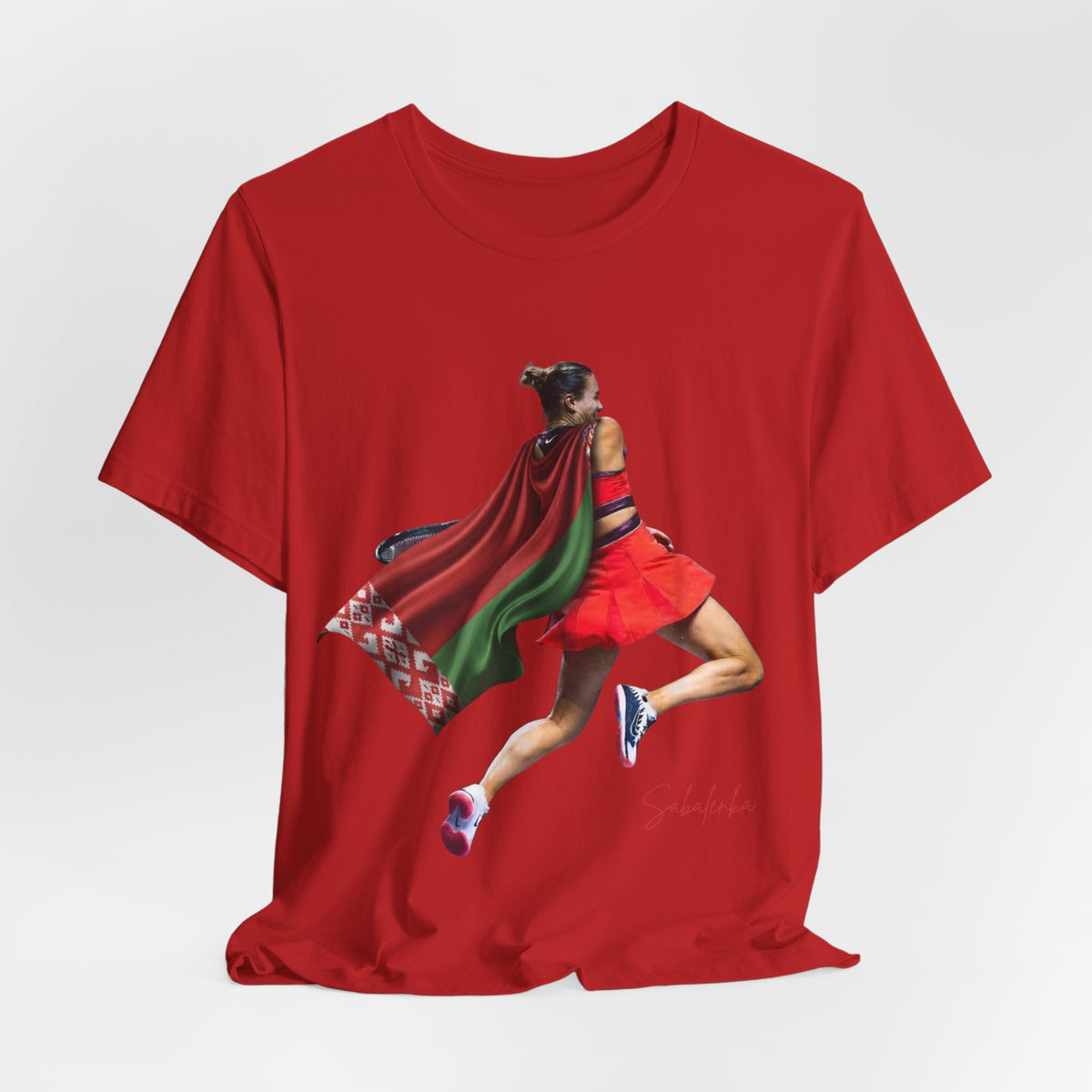 Runner Superhero Sabalenka T‑Shirt — Empowering Female Athlete Tee with Cape Graphic