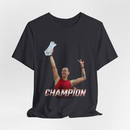Aryna Sabalenka Champion Victory T-Shirt — Athlete Holding Trophy Tee
