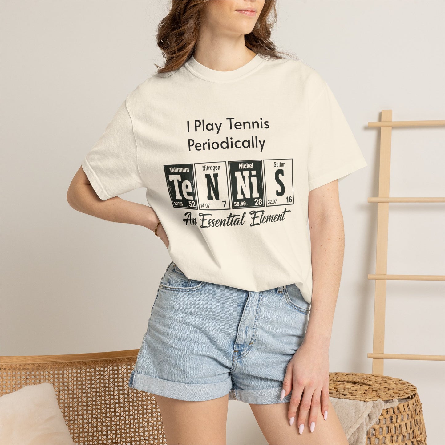 Tennis Periodically T‑Shirt — “An Essential Element” Chemistry Tennis Tee