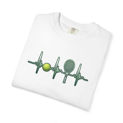 Tennis Heartbeat T‑Shirt — Tennis Ball & Racket ECG Design