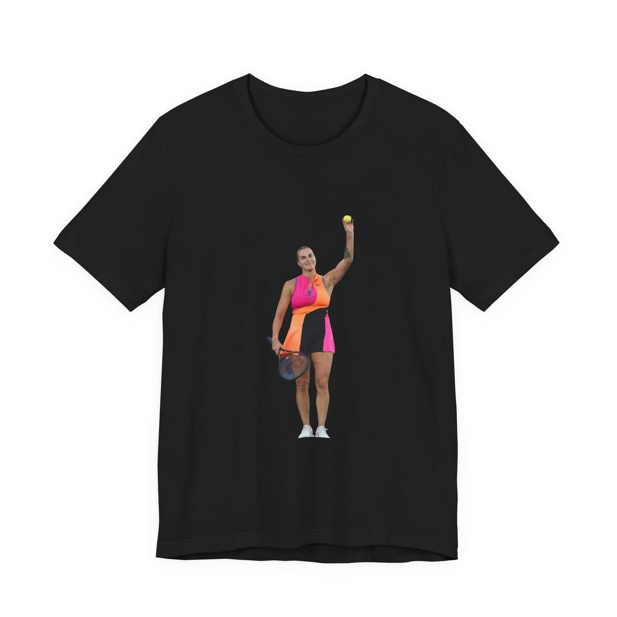 Tennis Player Aryna Sabalenka Graphic Tee — Woman Serving with Racket and ball