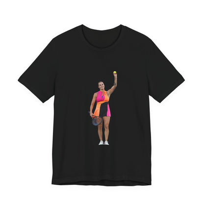 Tennis Player Aryna Sabalenka Graphic Tee — Woman Serving with Racket and ball