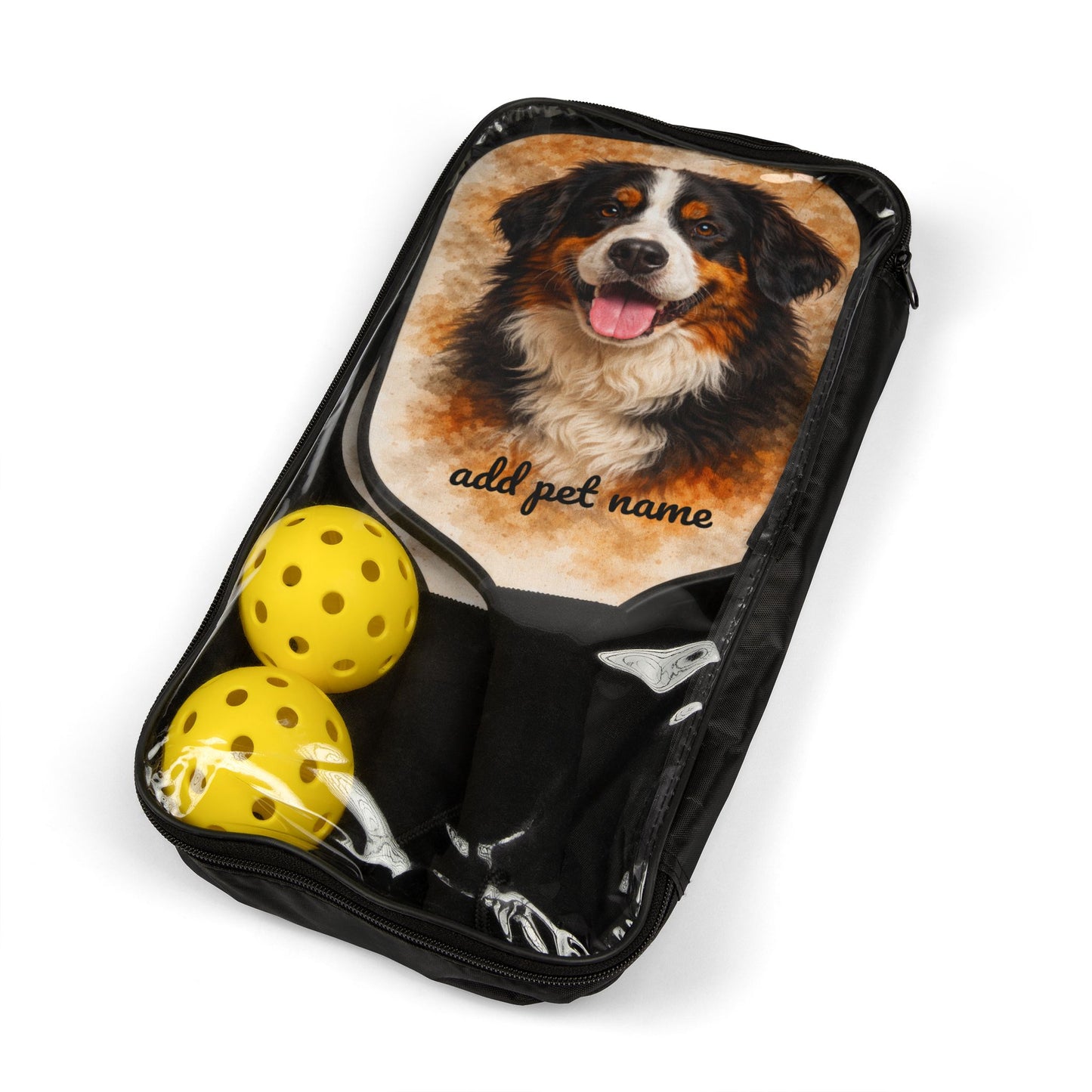 Personalized Dog Pickleball Paddle Set — Custom Pet Name Bernese Design