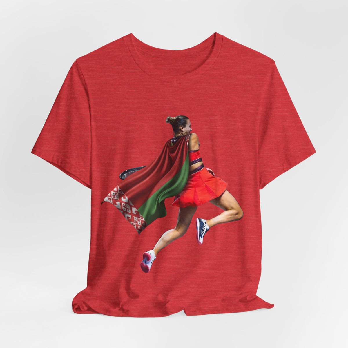 Runner Superhero Sabalenka T‑Shirt — Empowering Female Athlete Tee with Cape Graphic