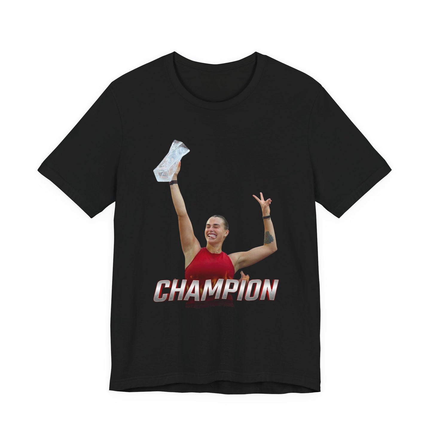 Aryna Sabalenka Champion Victory T-Shirt — Athlete Holding Trophy Tee