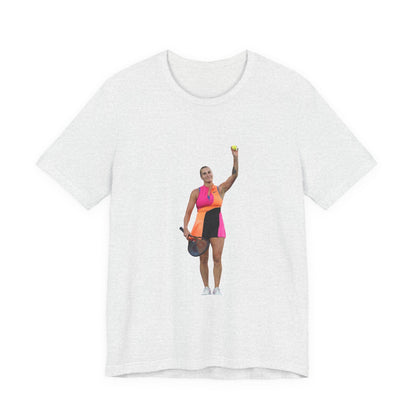 Tennis Player Aryna Sabalenka Graphic Tee — Woman Serving with Racket and ball