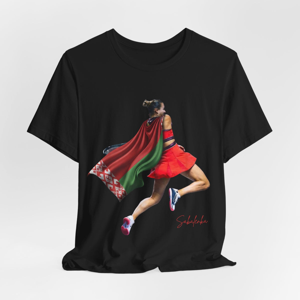 Runner Superhero Sabalenka T‑Shirt — Empowering Female Athlete Tee with Cape Graphic