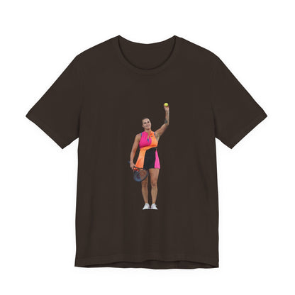 Tennis Player Aryna Sabalenka Graphic Tee — Woman Serving with Racket and ball