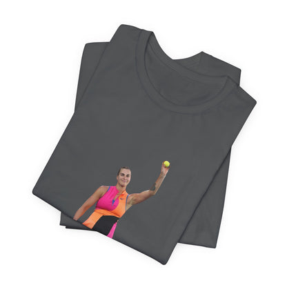Tennis Player Aryna Sabalenka Graphic Tee — Woman Serving with Racket and ball