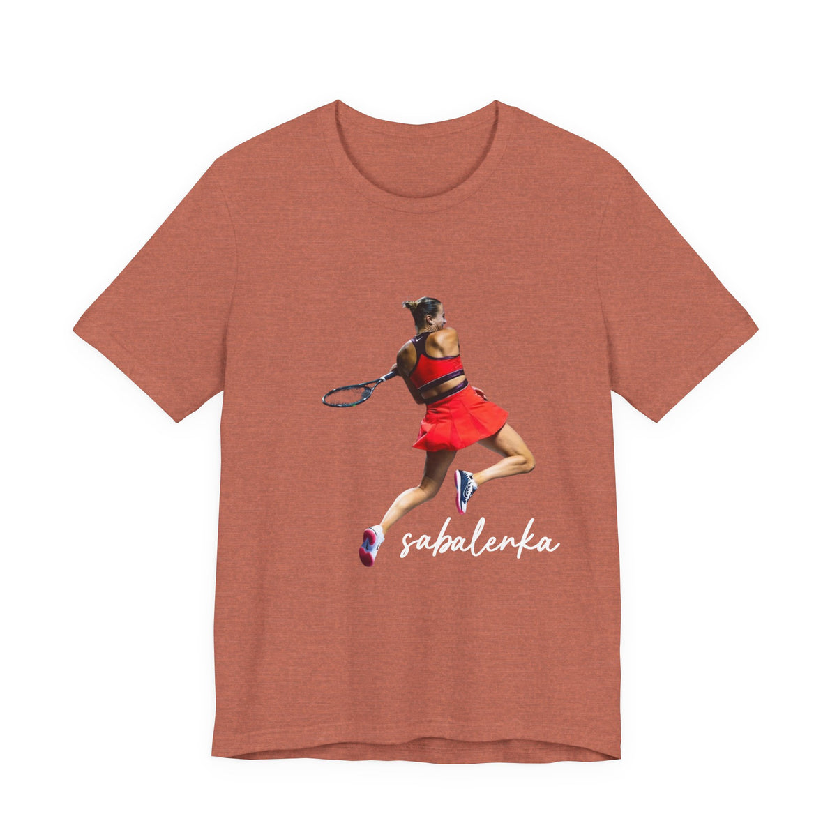 Tennis Player Sabalenka Graphic Tee — Women’s Red Dress Tennis Apparel