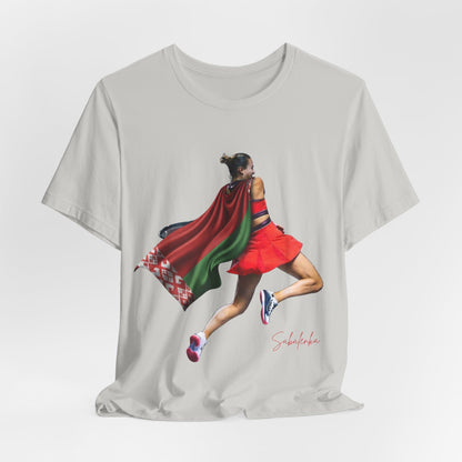 Runner Superhero Sabalenka T‑Shirt — Empowering Female Athlete Tee with Cape Graphic