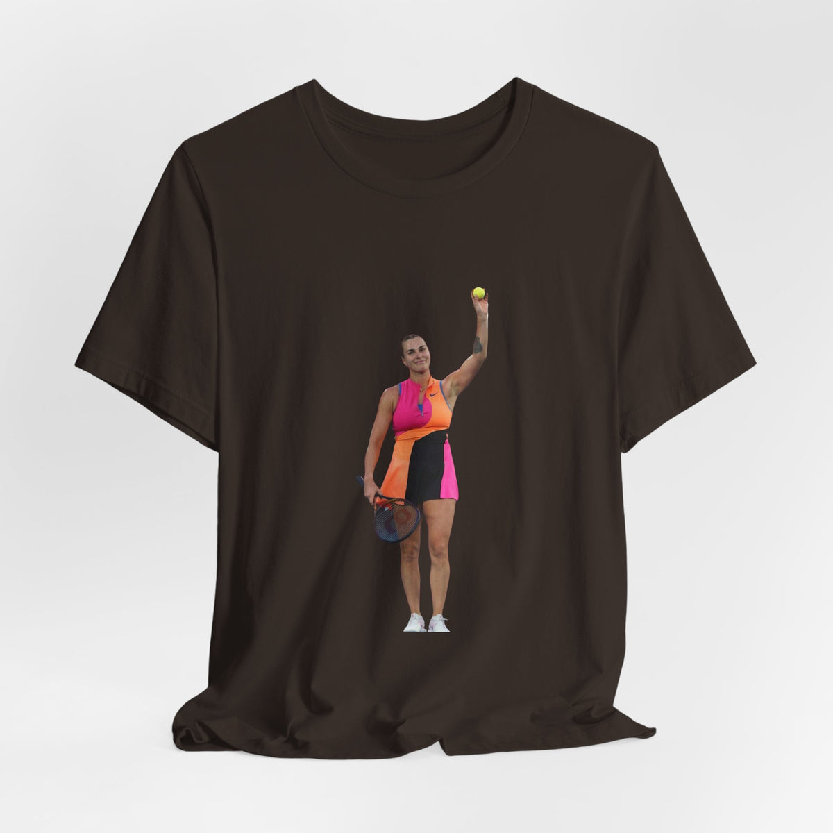 Tennis Player Aryna Sabalenka Graphic Tee — Woman Serving with Racket and ball