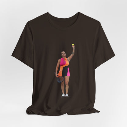 Tennis Player Aryna Sabalenka Graphic Tee — Woman Serving with Racket and ball
