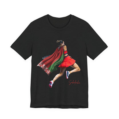 Runner Superhero Sabalenka T‑Shirt — Empowering Female Athlete Tee with Cape Graphic