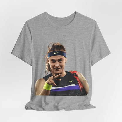 Tennis Player Sabalenka Graphic Tee — Pointing Victory Photo T‑Shirt