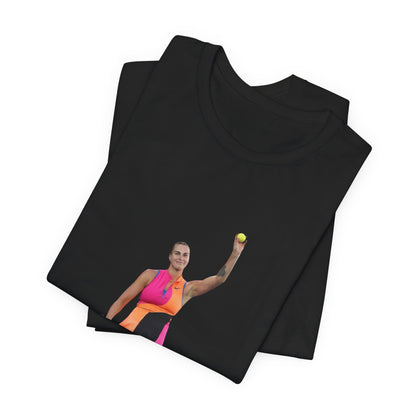 Tennis Player Aryna Sabalenka Graphic Tee — Woman Serving with Racket and ball