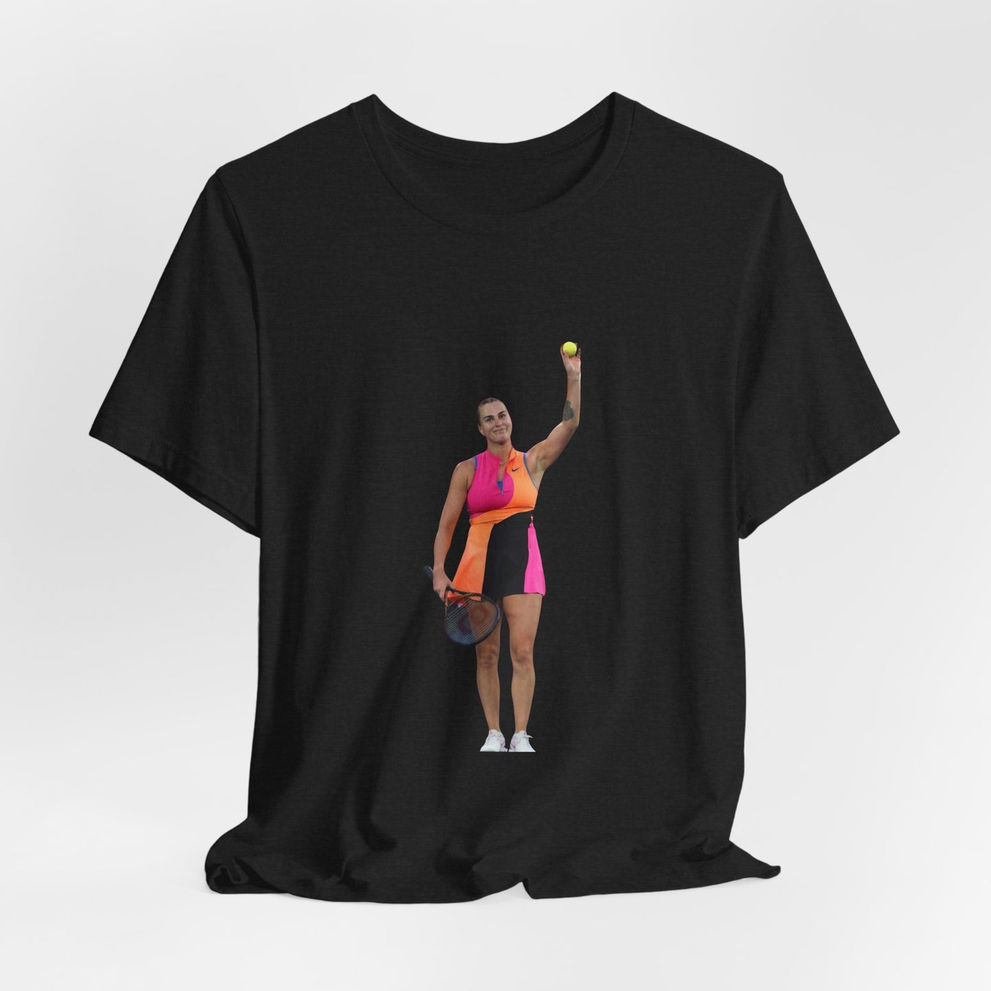 Tennis Player Aryna Sabalenka Graphic Tee — Woman Serving with Racket and ball