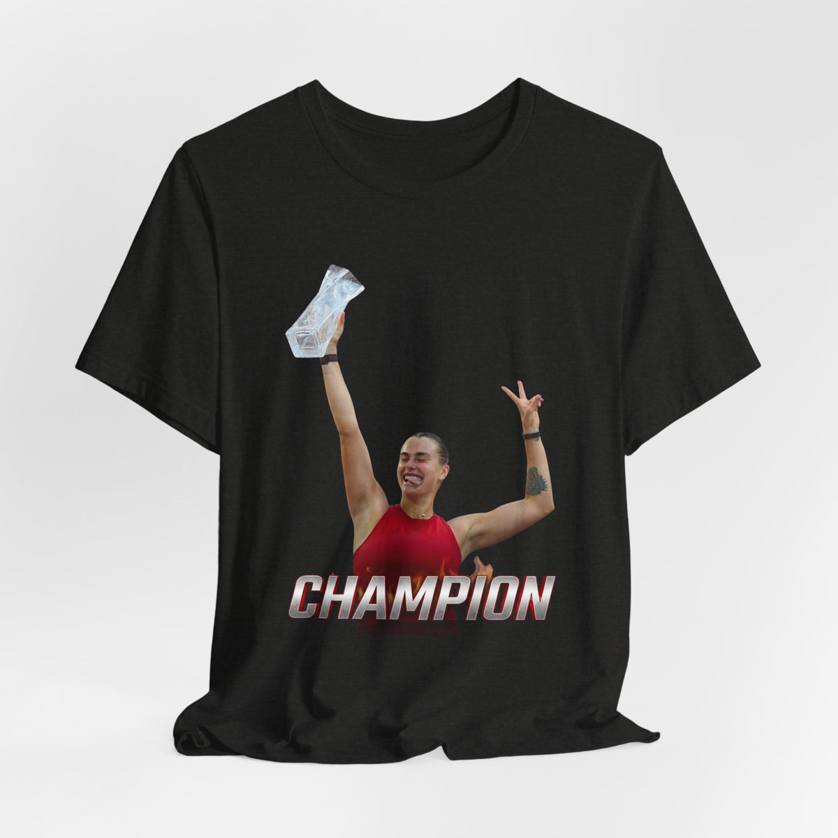 Aryna Sabalenka Champion Victory T-Shirt — Athlete Holding Trophy Tee