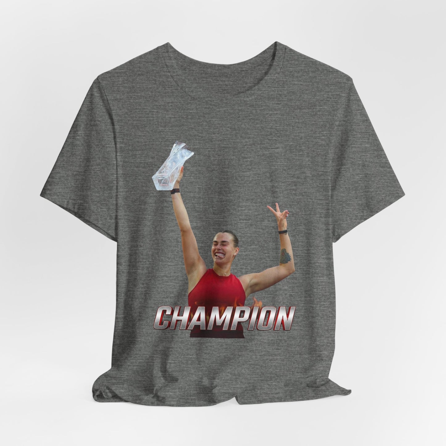 Aryna Sabalenka Champion Victory T-Shirt — Athlete Holding Trophy Tee
