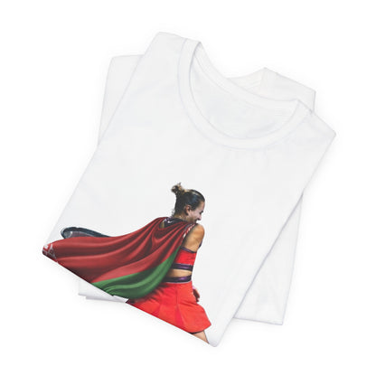 Runner Superhero Sabalenka T‑Shirt — Empowering Female Athlete Tee with Cape Graphic