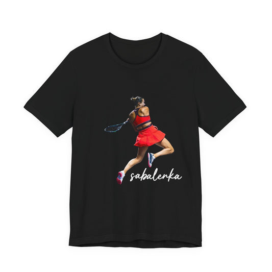 Tennis Player Sabalenka Graphic Tee — Women’s Red Dress Tennis Apparel