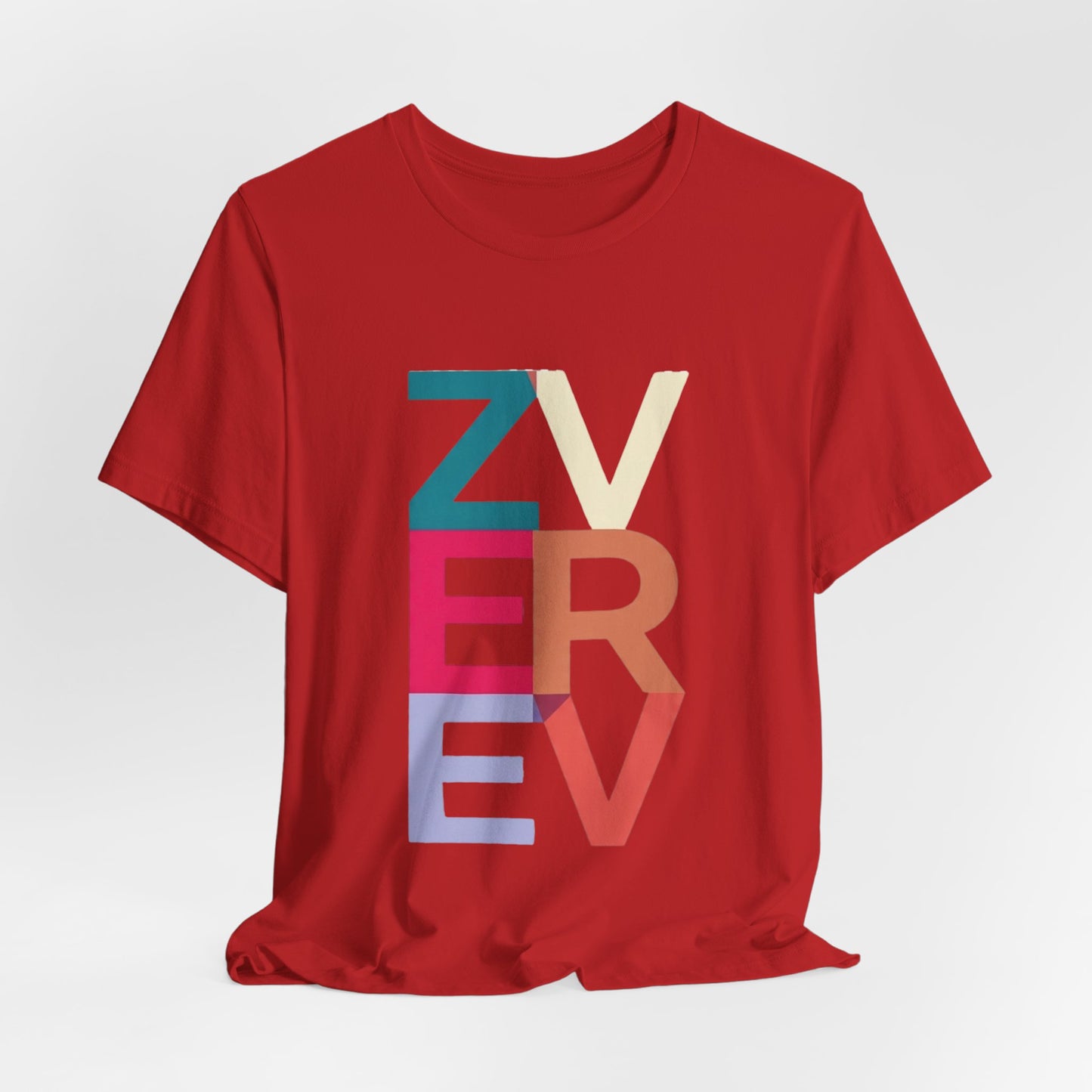 Retro Colorblock 'ZVEREV' Graphic Tee — Modern Minimalist Lettering Shirt