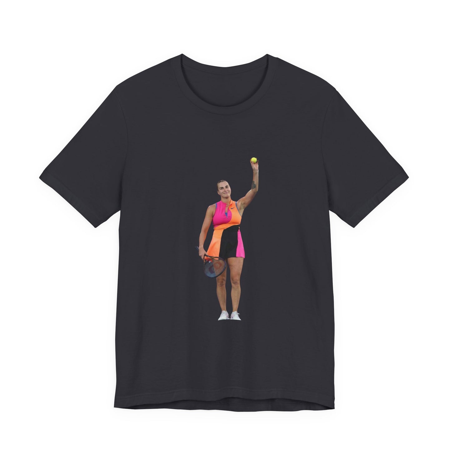 Tennis Player Aryna Sabalenka Graphic Tee — Woman Serving with Racket and ball