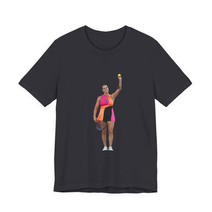 Tennis Player Aryna Sabalenka Graphic Tee — Woman Serving with Racket and ball