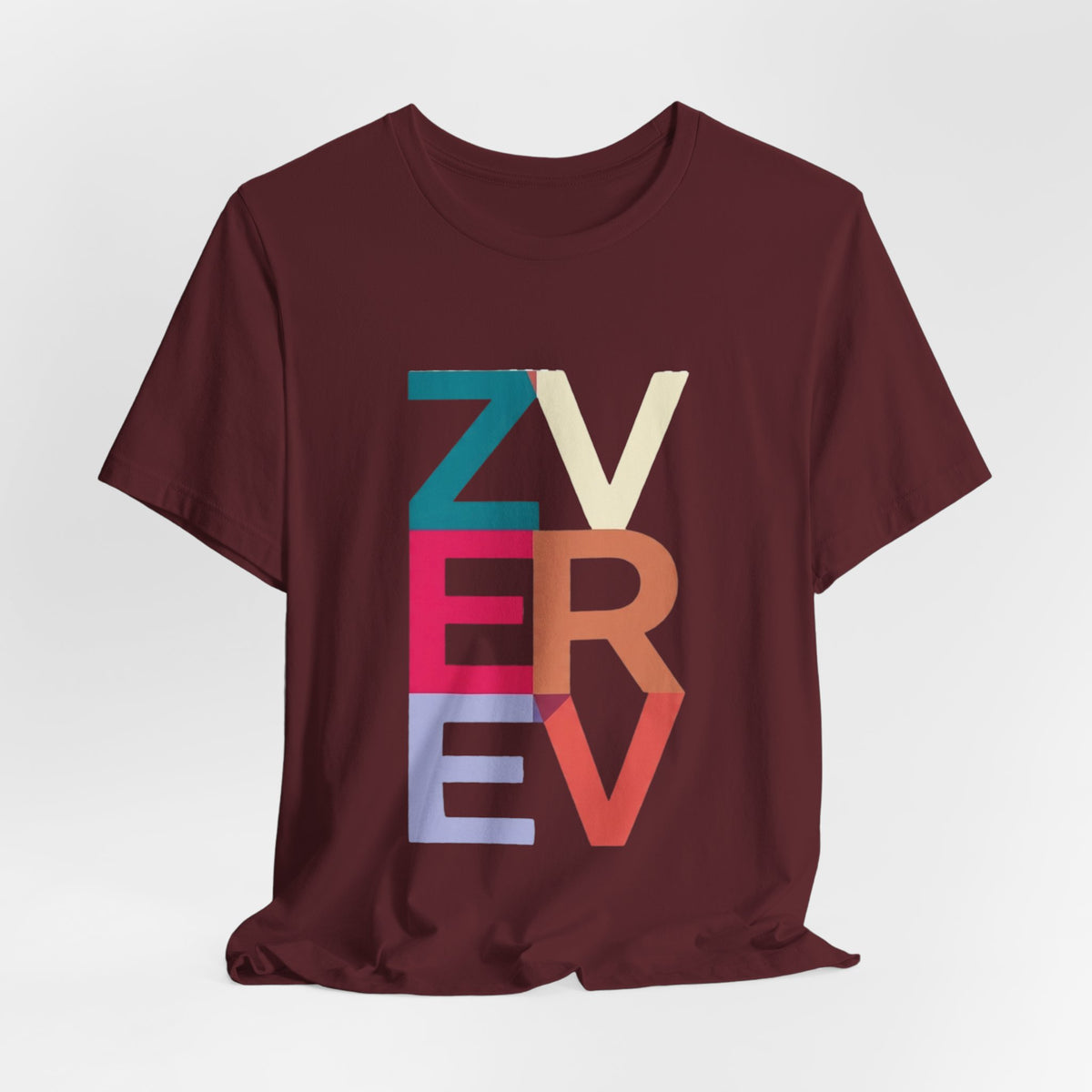 Retro Colorblock 'ZVEREV' Graphic Tee — Modern Minimalist Lettering Shirt