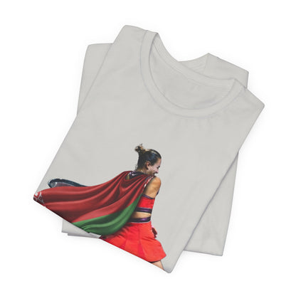 Runner Superhero Sabalenka T‑Shirt — Empowering Female Athlete Tee with Cape Graphic