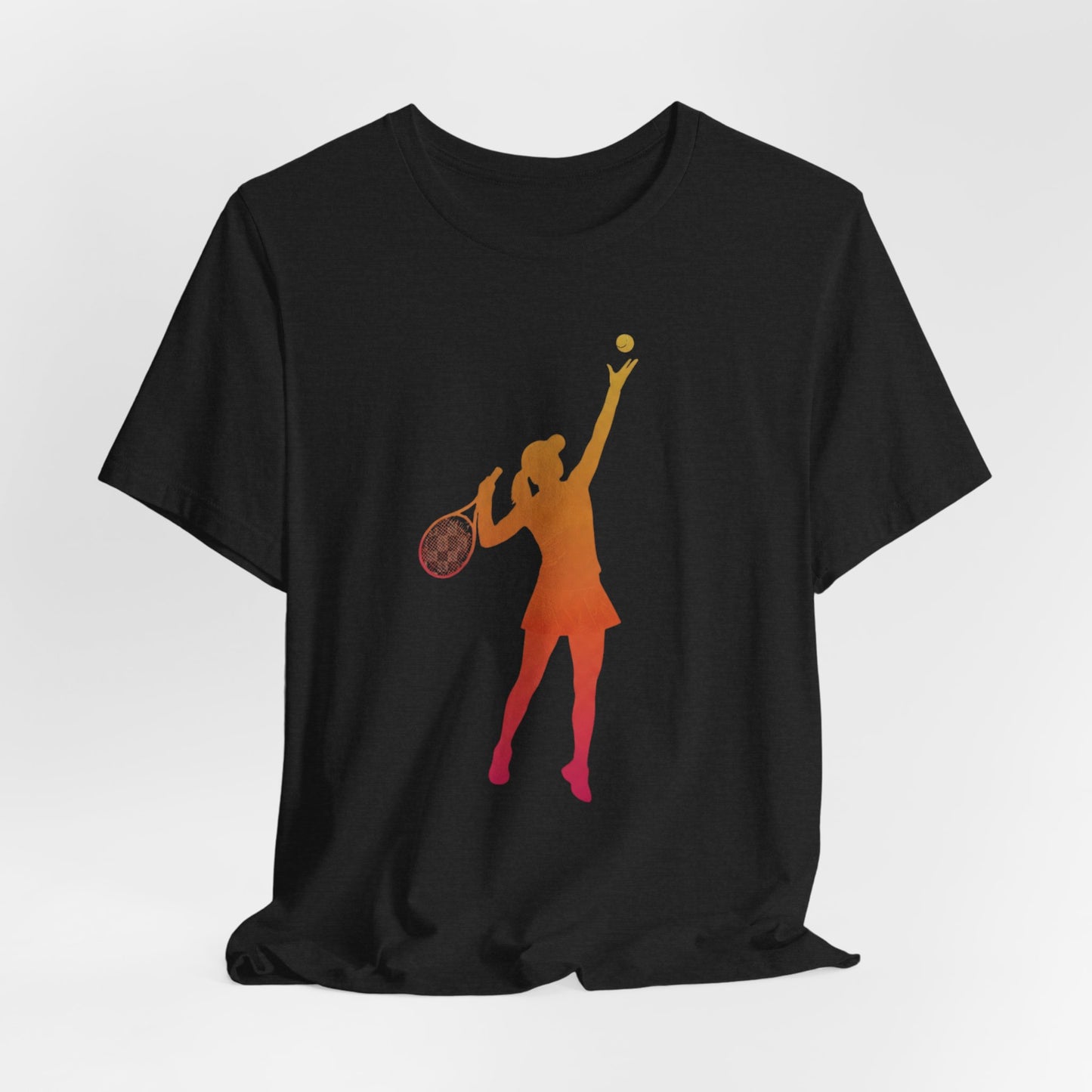 Tennis Serve Silhouette Tee — Gradient Female Tennis Player Graphic T‑Shirt