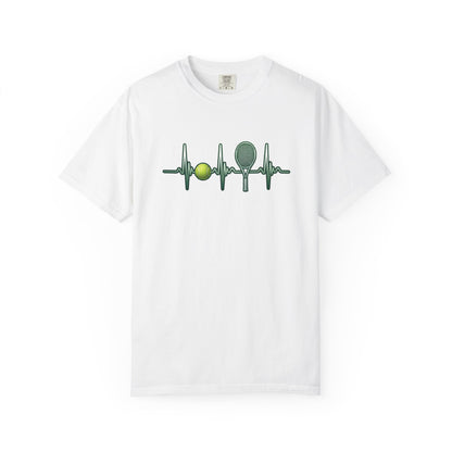 Tennis Heartbeat T‑Shirt — Tennis Ball & Racket ECG Design