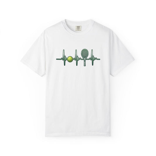 Tennis Heartbeat T‑Shirt — Tennis Ball & Racket ECG Design