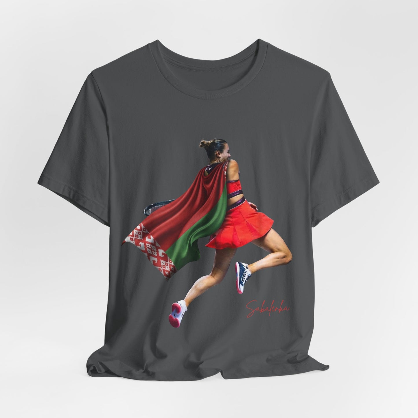 Runner Superhero Sabalenka T‑Shirt — Empowering Female Athlete Tee with Cape Graphic