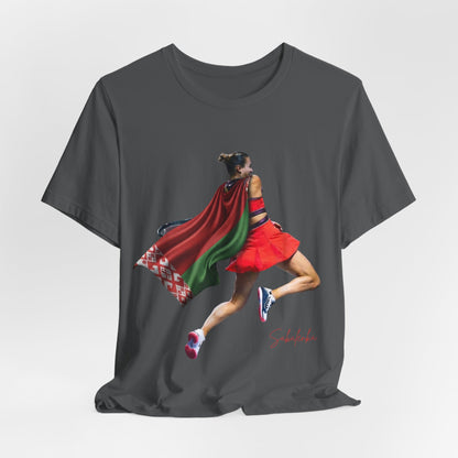 Runner Superhero Sabalenka T‑Shirt — Empowering Female Athlete Tee with Cape Graphic