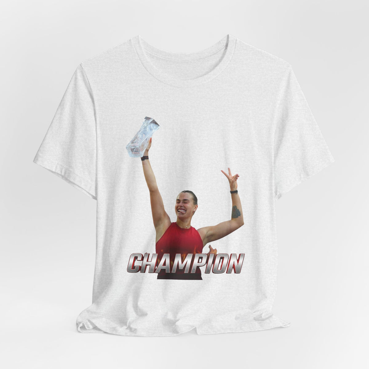 Aryna Sabalenka Champion Victory T-Shirt — Athlete Holding Trophy Tee