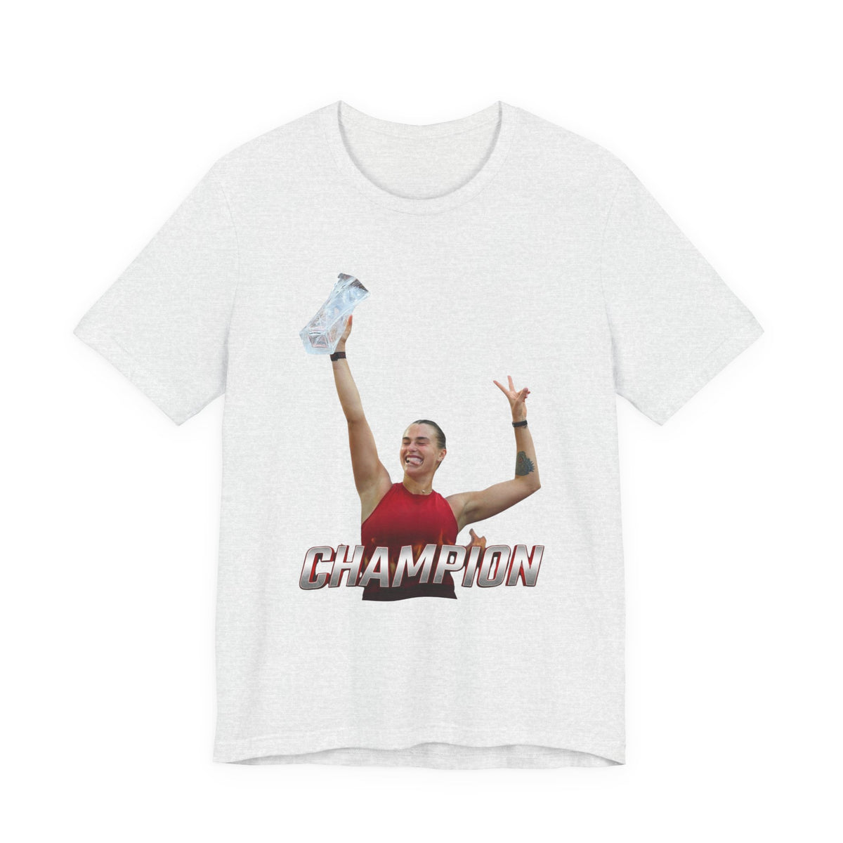 Aryna Sabalenka Champion Victory T-Shirt — Athlete Holding Trophy Tee