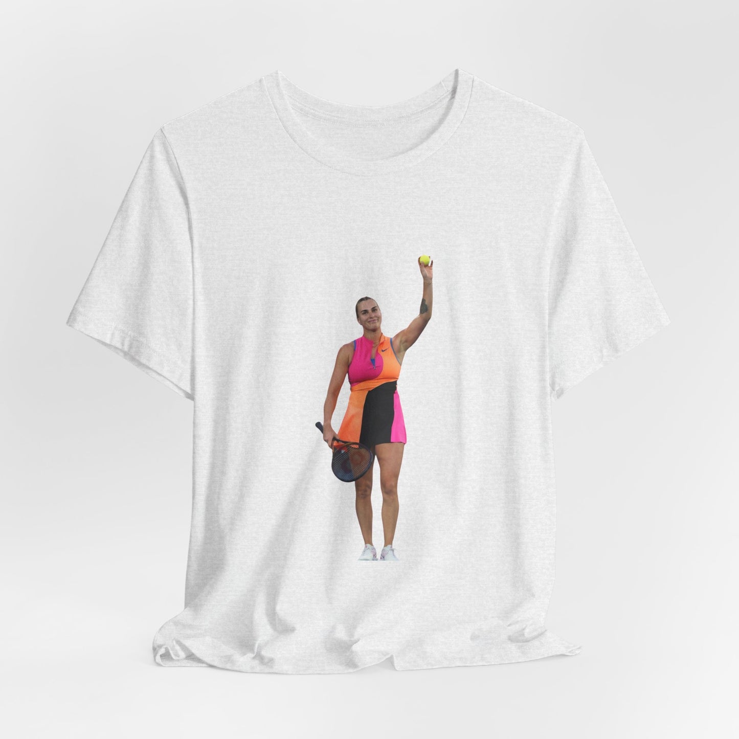 Tennis Player Aryna Sabalenka Graphic Tee — Woman Serving with Racket and ball