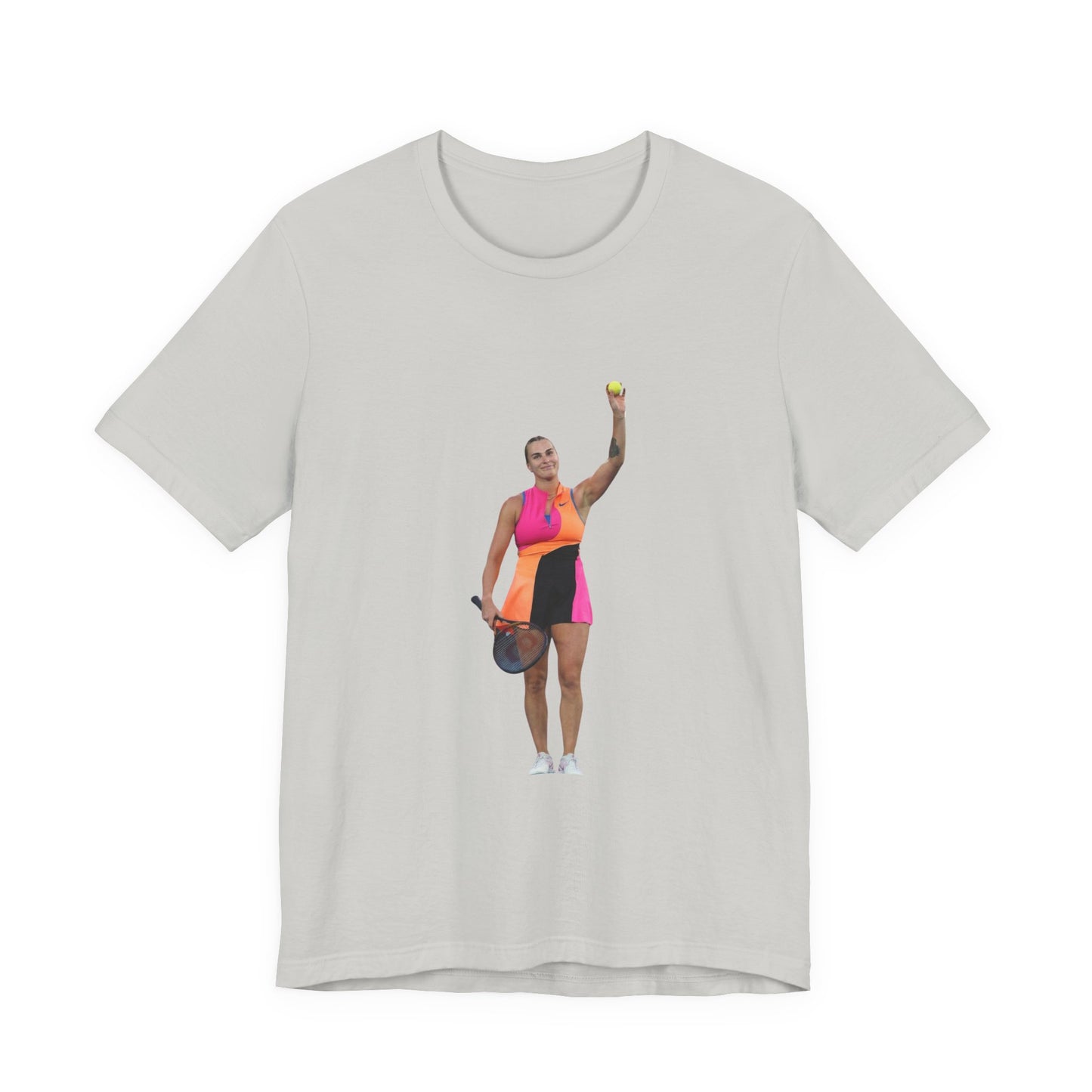 Tennis Player Aryna Sabalenka Graphic Tee — Woman Serving with Racket and ball