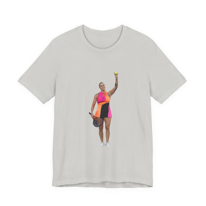 Tennis Player Aryna Sabalenka Graphic Tee — Woman Serving with Racket and ball
