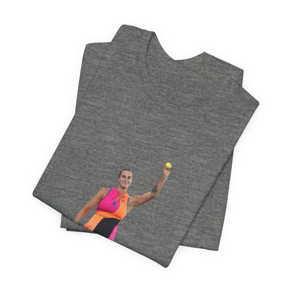 Tennis Player Aryna Sabalenka Graphic Tee — Woman Serving with Racket and ball