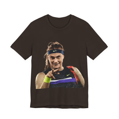 Tennis Player Sabalenka Graphic Tee — Pointing Victory Photo T‑Shirt