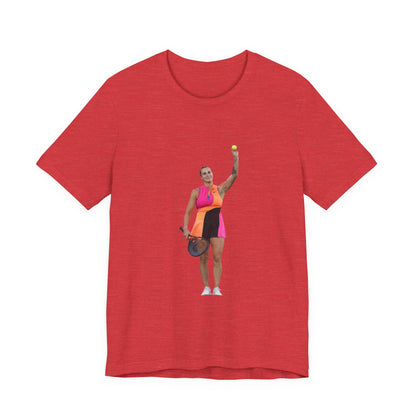 Tennis Player Aryna Sabalenka Graphic Tee — Woman Serving with Racket and ball