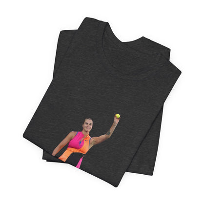 Tennis Player Aryna Sabalenka Graphic Tee — Woman Serving with Racket and ball