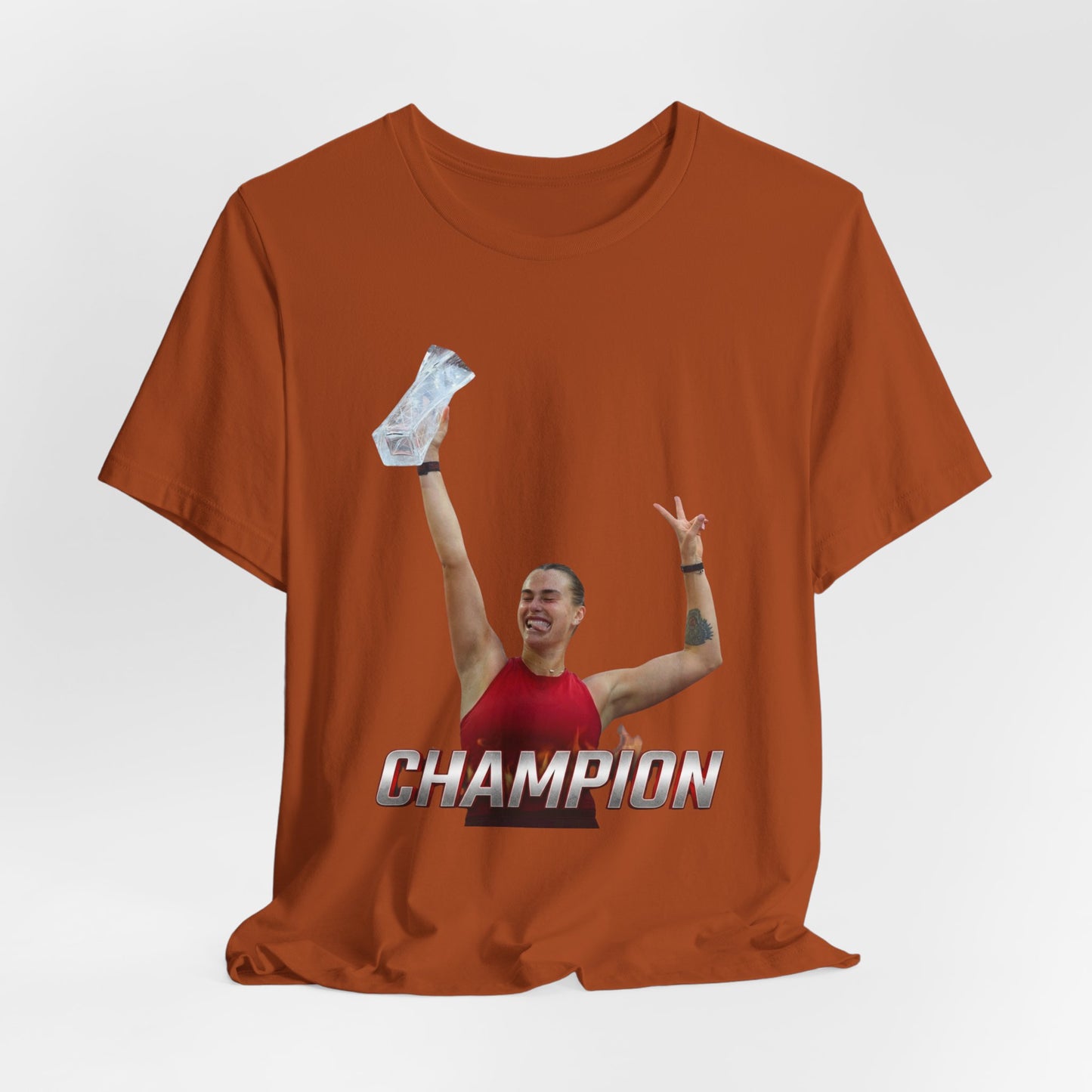Aryna Sabalenka Champion Victory T-Shirt — Athlete Holding Trophy Tee