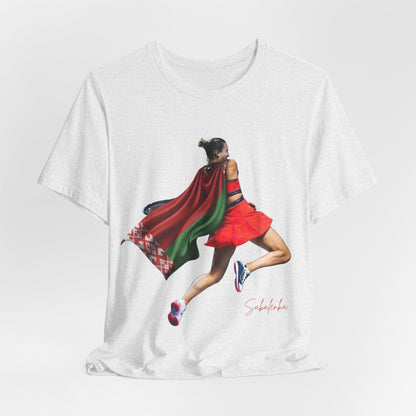 Runner Superhero Sabalenka T‑Shirt — Empowering Female Athlete Tee with Cape Graphic