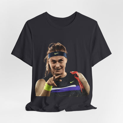 Tennis Player Sabalenka Graphic Tee — Pointing Victory Photo T‑Shirt