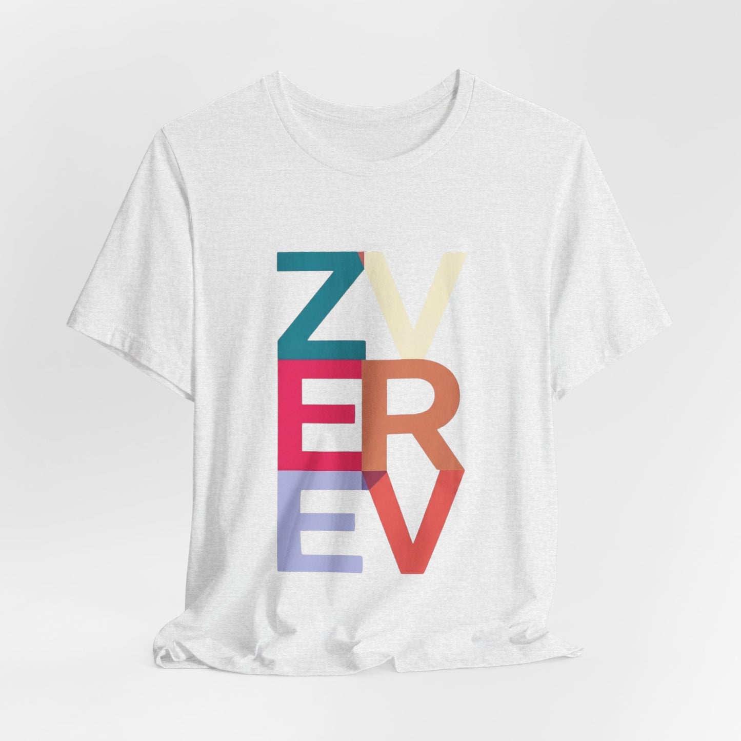 Retro Colorblock 'ZVEREV' Graphic Tee — Modern Minimalist Lettering Shirt